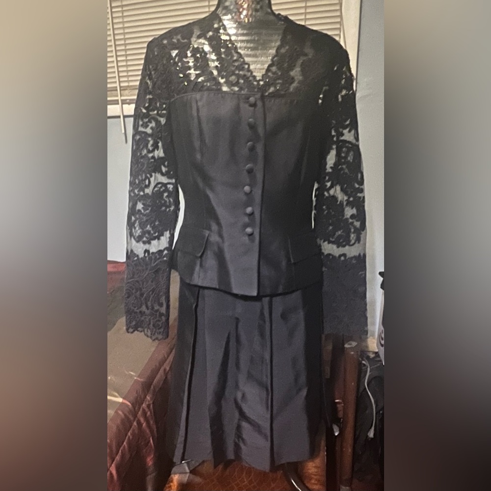 Classy Navy Blue Lace and Silk Skirt Suit.  New w/o tags